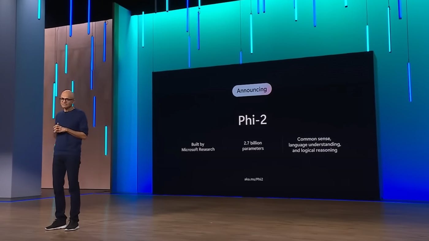 Satya Nadella announcing Phi-2 at Microsoft Ignite 2023